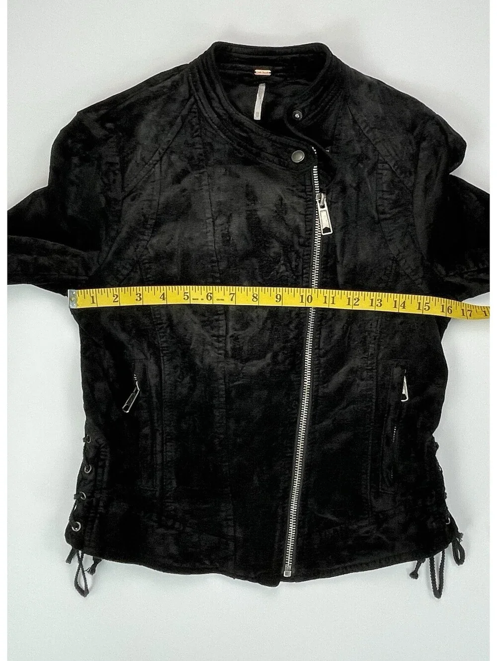 FREE PEOPLE Black Lacey Velvet Moto Jacket Lace Up Sleeve Corset Biker XS